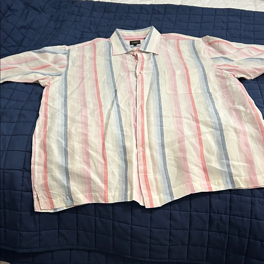 Neiman Marcus Linen Striped Shirt in Pink, Blue & White